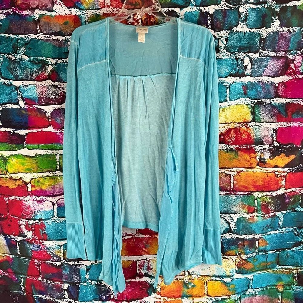 Chico's Mixed Media Open Front Waterfall Cardigan Sweater Coastal Blue Size 2 La